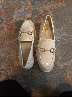 Vince Camuto Cream Patent Loafers with Gold Bit